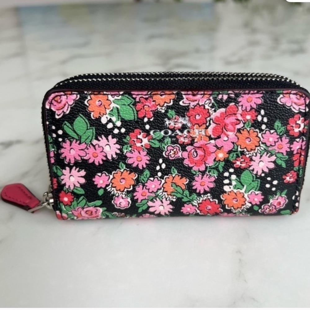 COACH SMALL DOUBLE ZIP COIN CASE IN POSEY CLUSTER FLORAL PRINT F57985 BLACK PINK